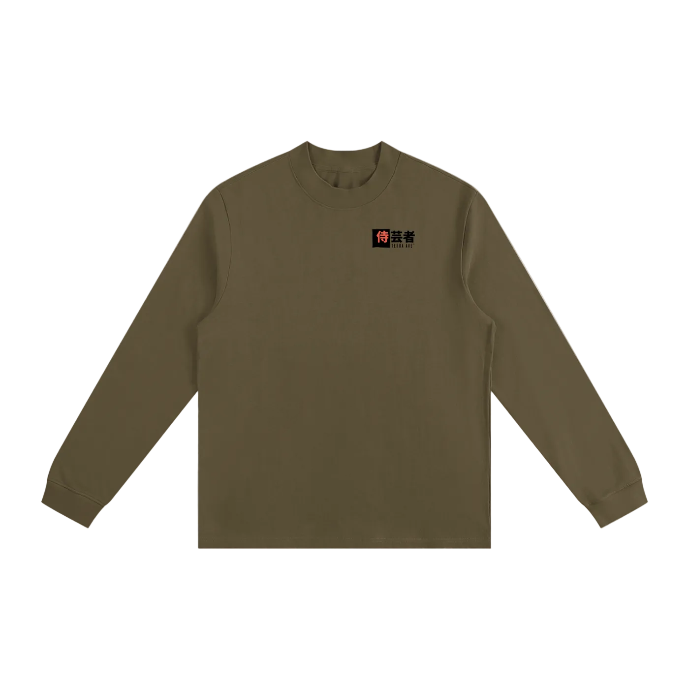 Brown long-sleeve shirt with a logo on the chest against a white background