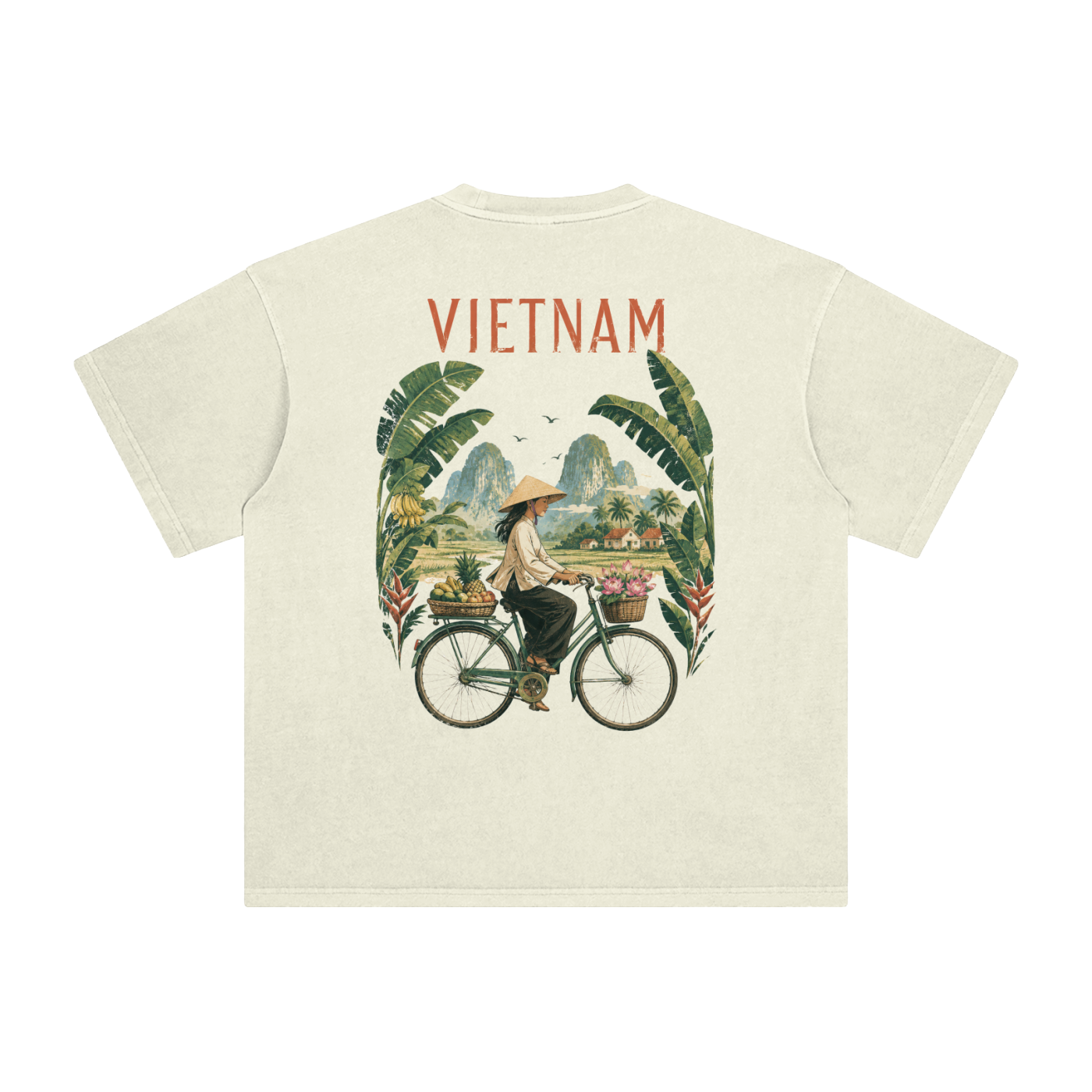 Vietnam graphic tee featuring bicycle countryside back print