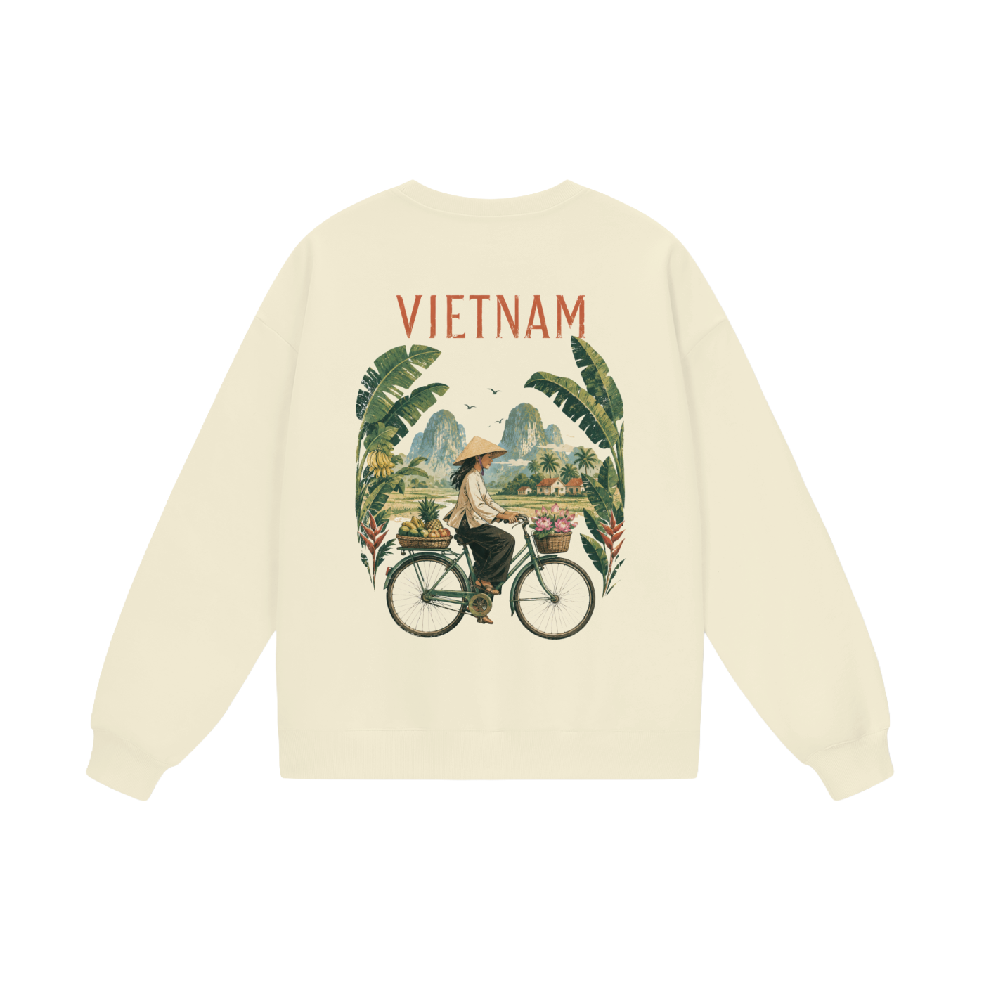 Vietnam graphic crewneck featuring bicycle countryside back print