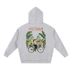 Graphic hoodie with Vietnam cyclist and mountain artwork