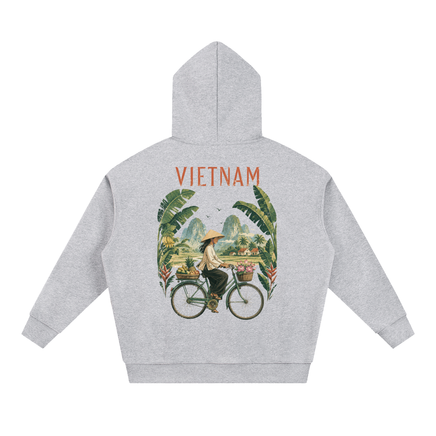 Graphic hoodie with Vietnam cyclist and mountain artwork