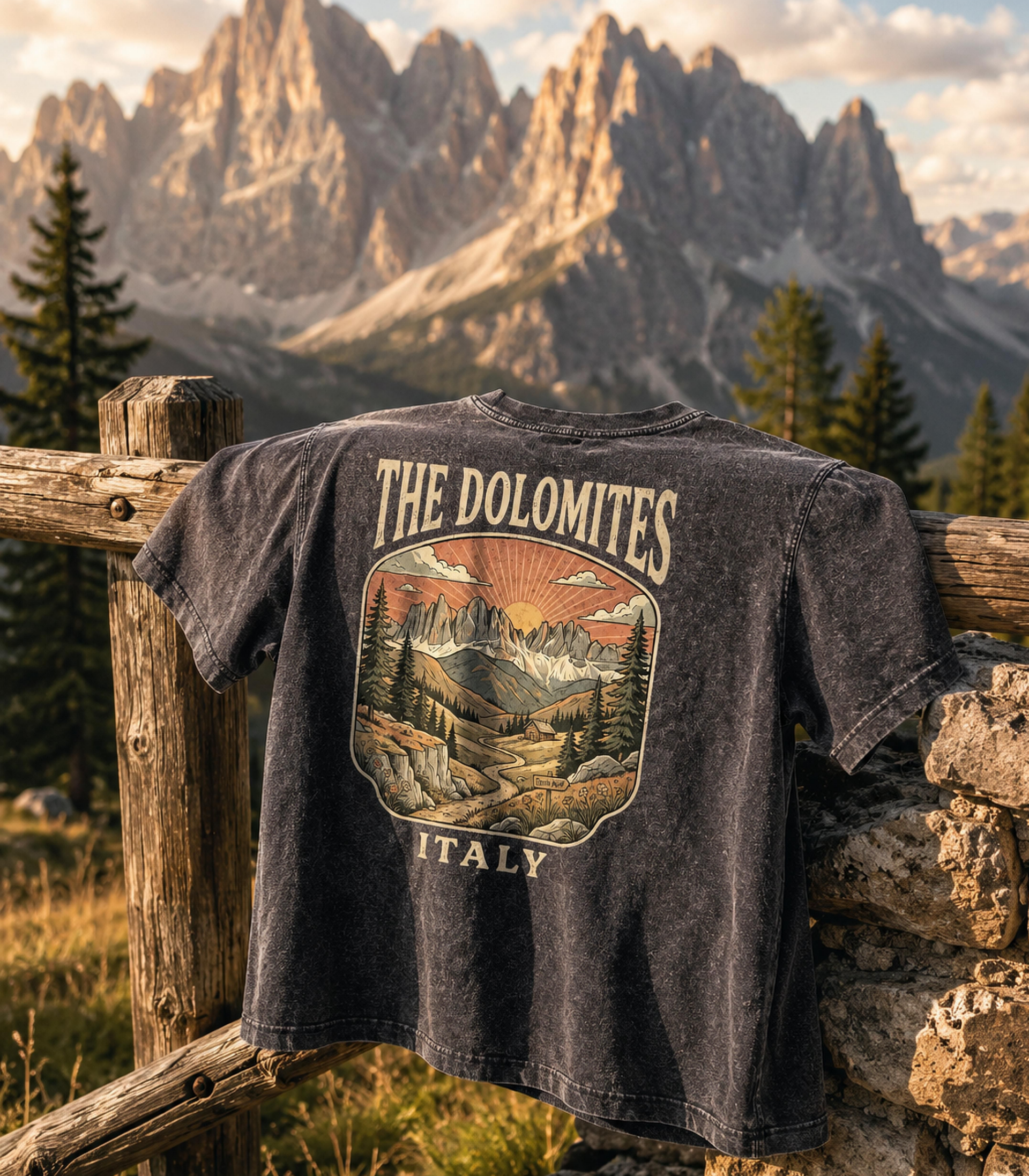 T-shirt with 'The Dolomites Italy' design hanging on a wooden fence with dolomites mountain backdrop