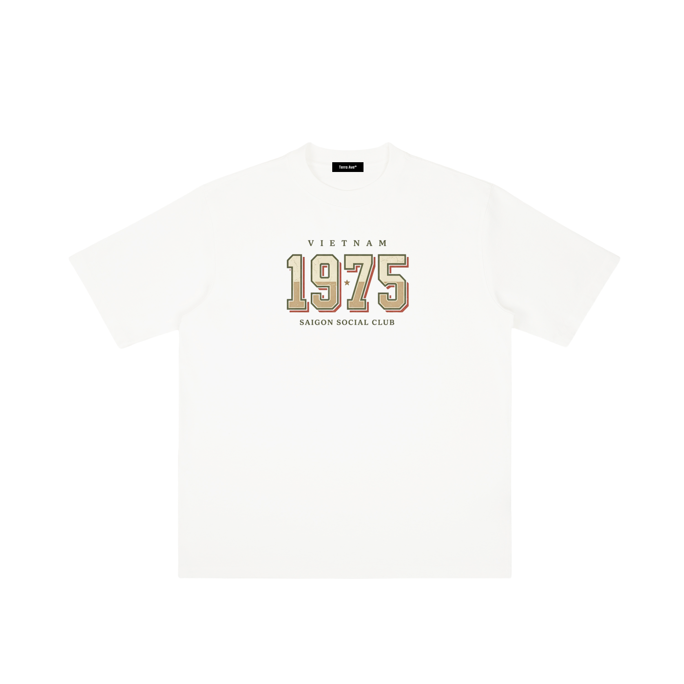 White t-shirt with 'Vietnam 1975 Saigon Social Club' text on a white background