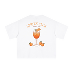 White t-shirt with 'Spritz Club' design featuring a cocktail and oranges on a white background