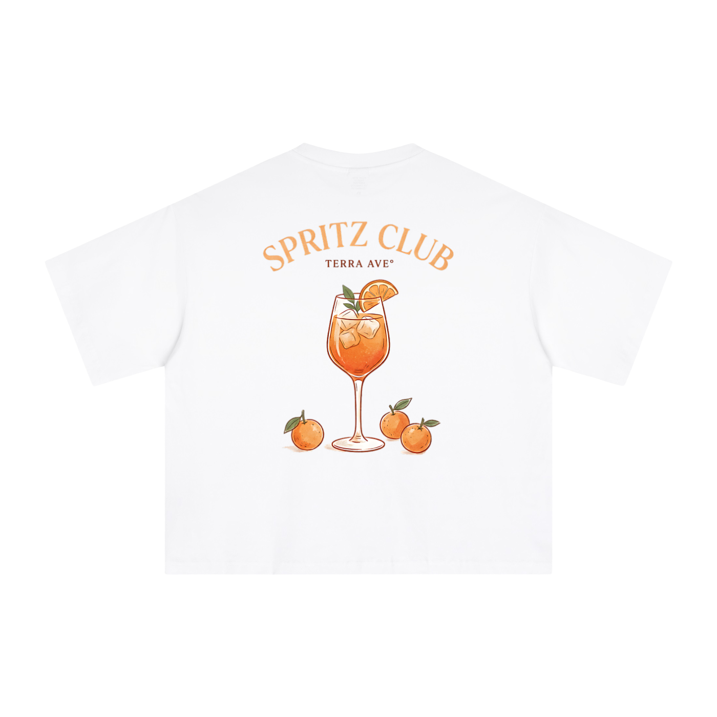 White t-shirt with 'Spritz Club' design featuring a cocktail and oranges on a white background
