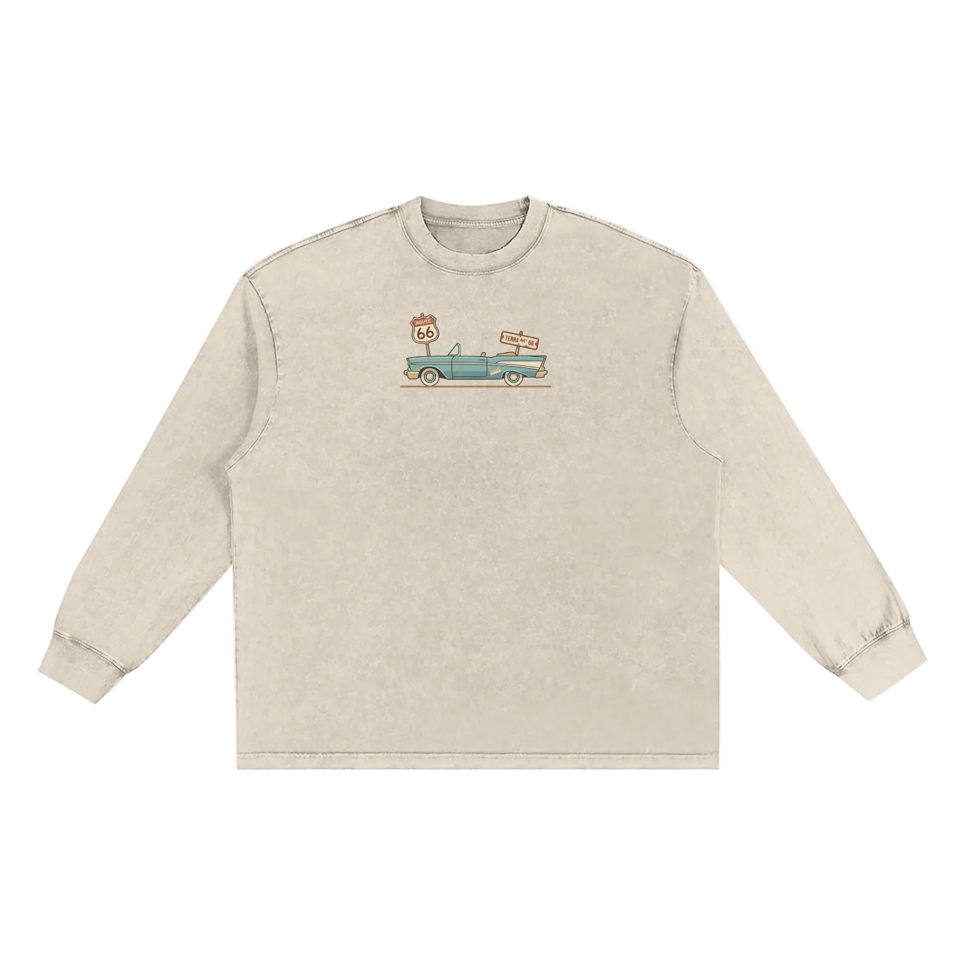 Route 66 washed long sleeve shirt vintage travel clothing front beige
