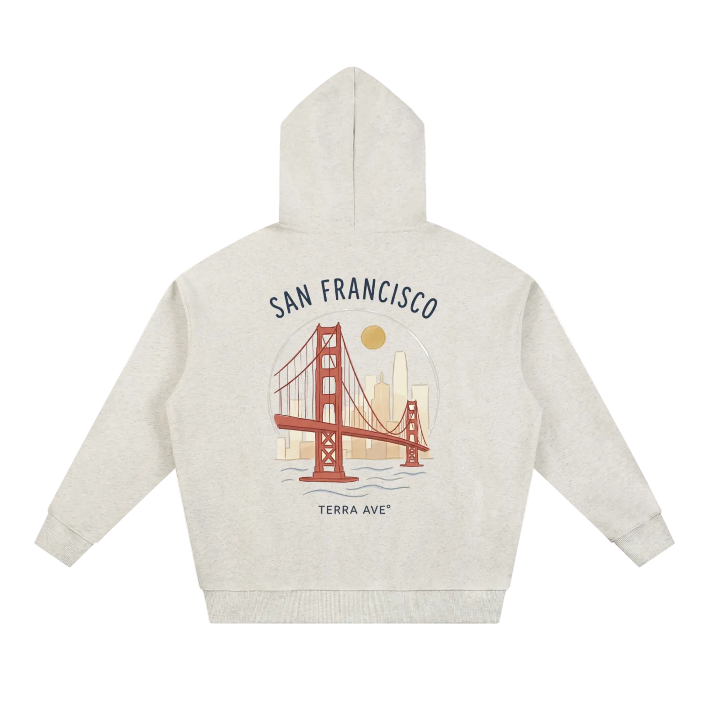 cream san francisco hoodie back print golden gate bridge hand drawn design