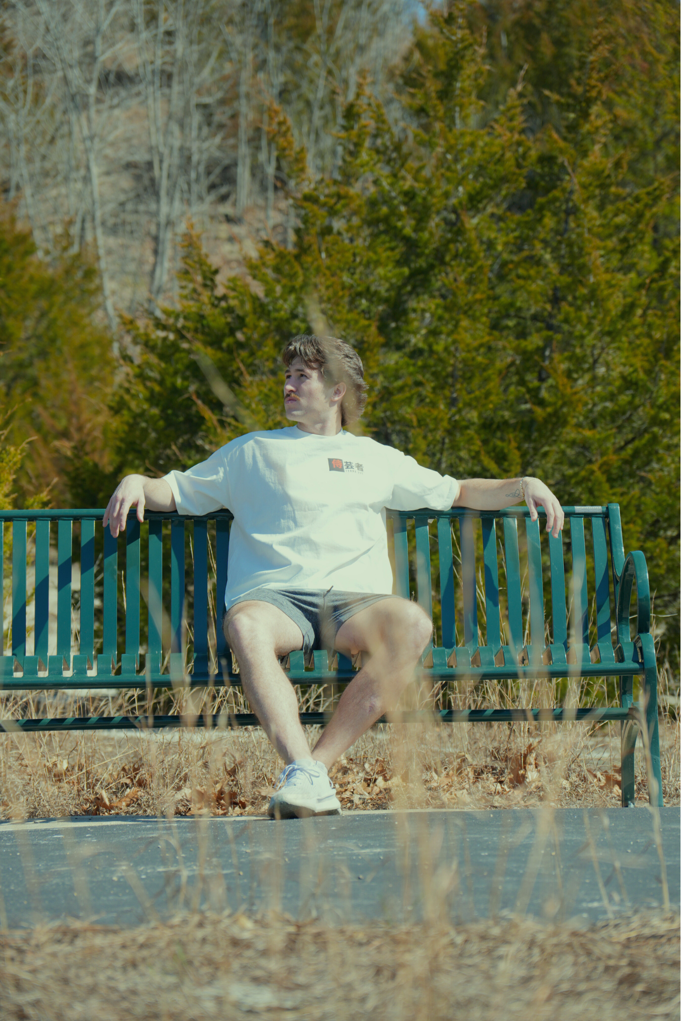 Person sitting on a green bench in a park with trees in the background wearing graphic japan samurai tshirt