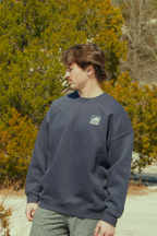 Person wearing a navy blue earth sweatshirt with a travel logo, standing outdoors with greenery in the background travelling
